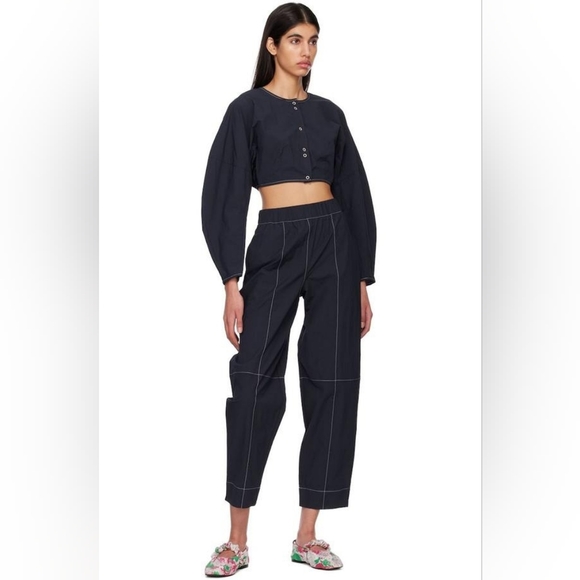 Ganni Pants - Ganni Elasticated Curve Pant in Navy Size L/40 52% Cotton